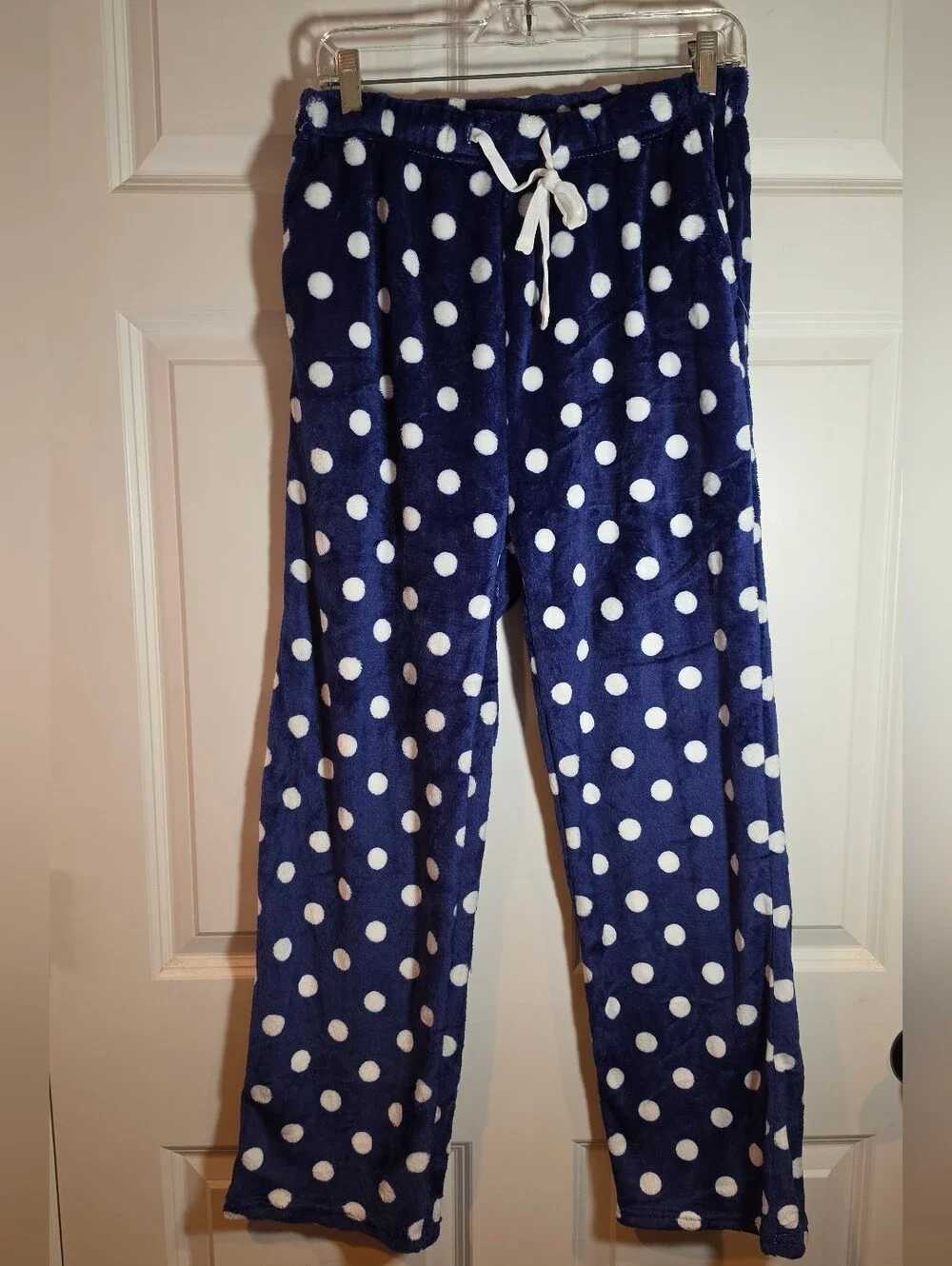 NWOT Navy Blue Polka Dot Soft Plush Pajama Pants White Dots With Pockets L